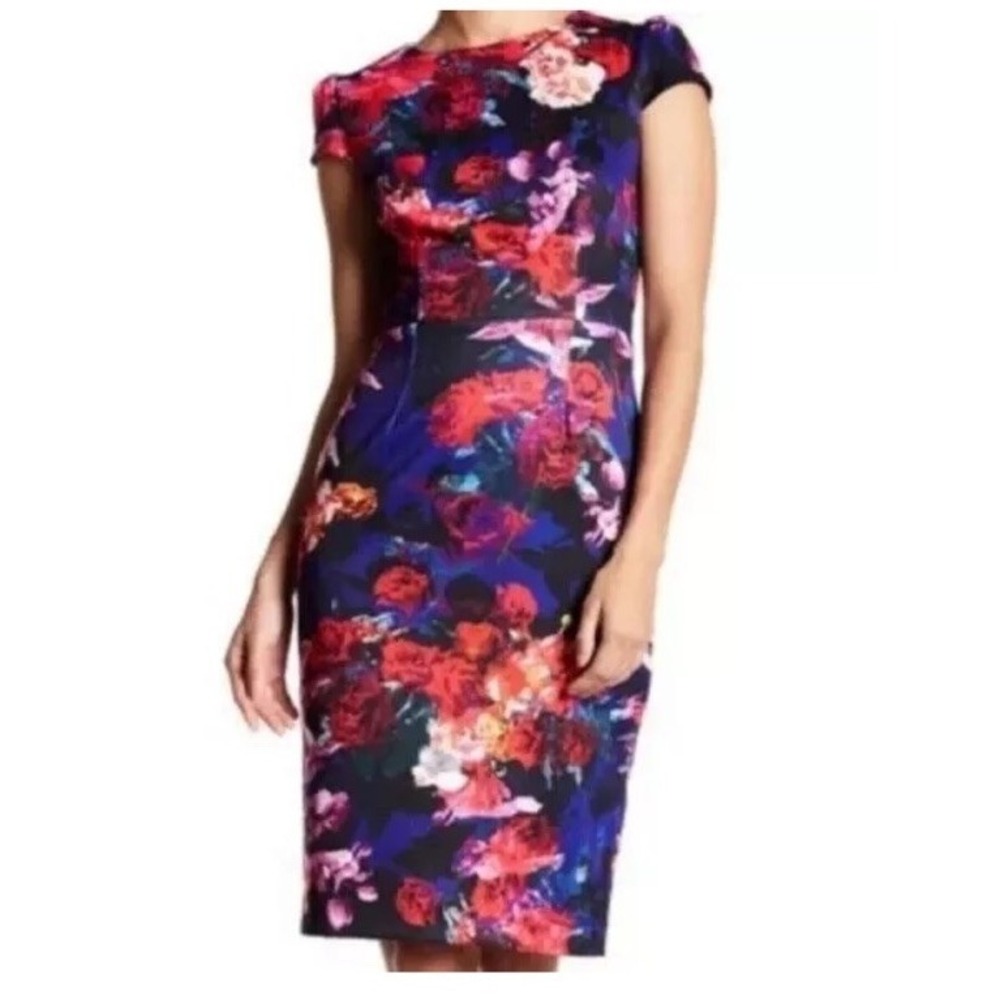 Betsey Johnson floral sheath dress with cap sleeve Size 2 Multicolor Blue Zipper